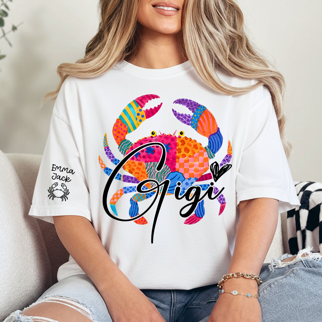 Personalized Coastal Grandma Shirt, Custom Grandkids Names Tee, Colorful Crab Beach Design, Gift for Grandma from Family