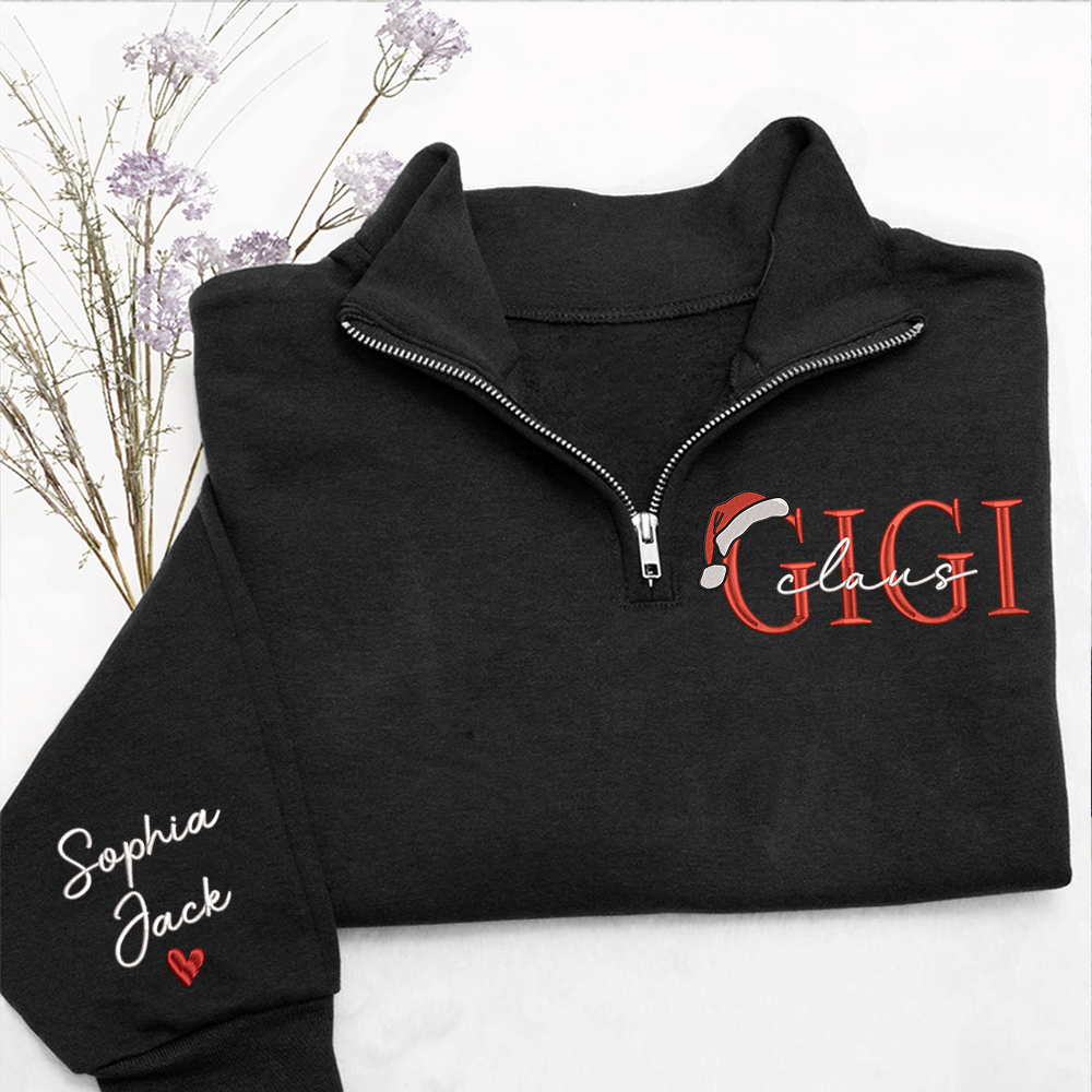 Personalized Christmas Gigi Claus Zip Embroidered Sweatshirt – Custom Grandma Gift With Grandkids Names