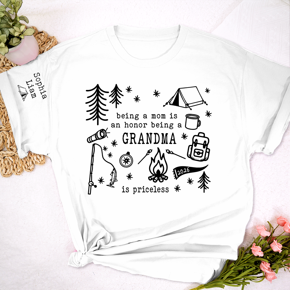 Personalized Camping Grandma Shirt, Custom Grandkids Names Sleeve Tee, Being a Mom Is an Honor Being a Grandma Is Priceless