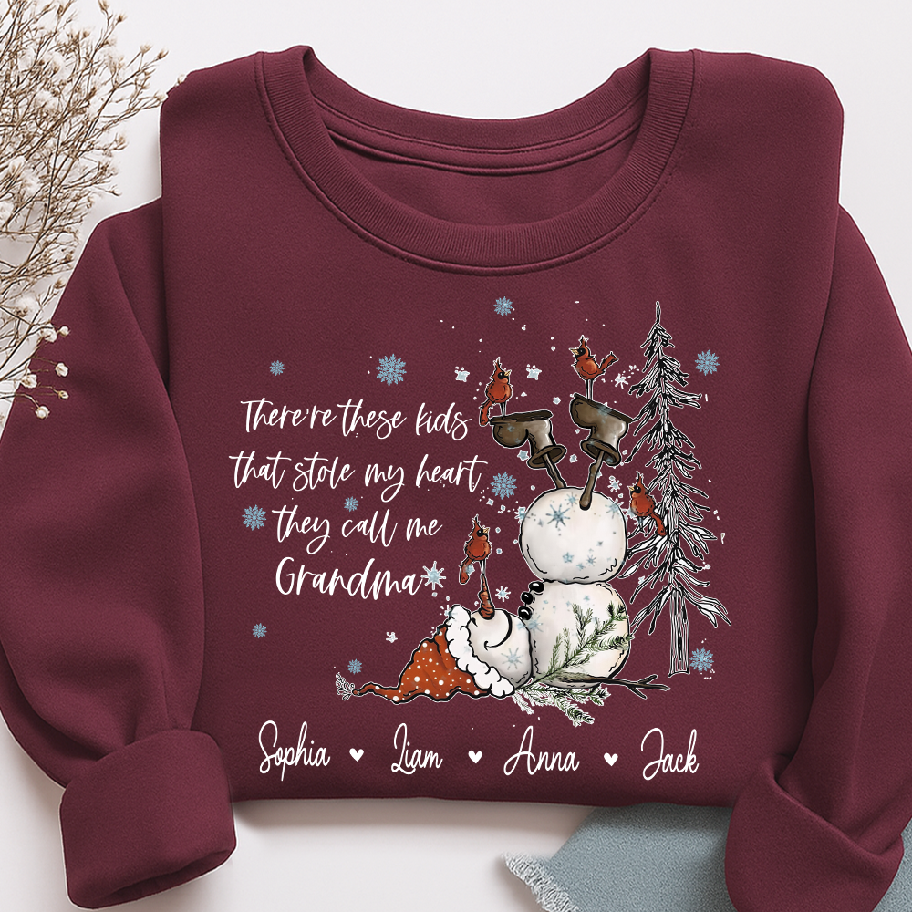 Custom Grandma Snowman Sweatshirt, There’s These Kids That Stole My Heart For Gift Grandma And Kids