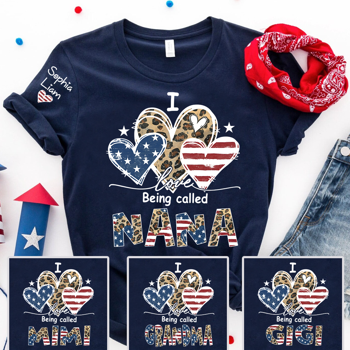 I Love Being Called Nana Shirt with Grandkids Names USA Flag and Leopard Heart Graphic Custom Family Name Tee
