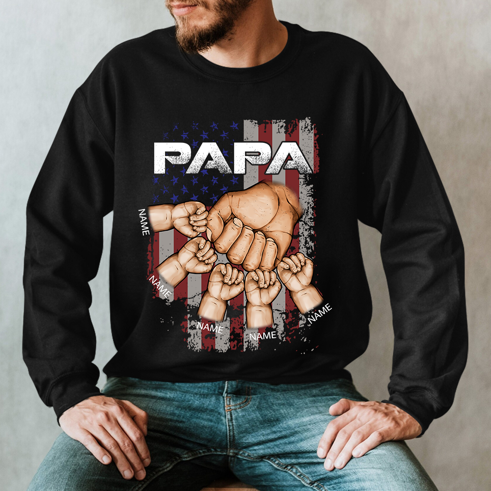 Grandpa America Flag And Fist Bump Print Custom Grandkids Name Independence Day Sweatshirt