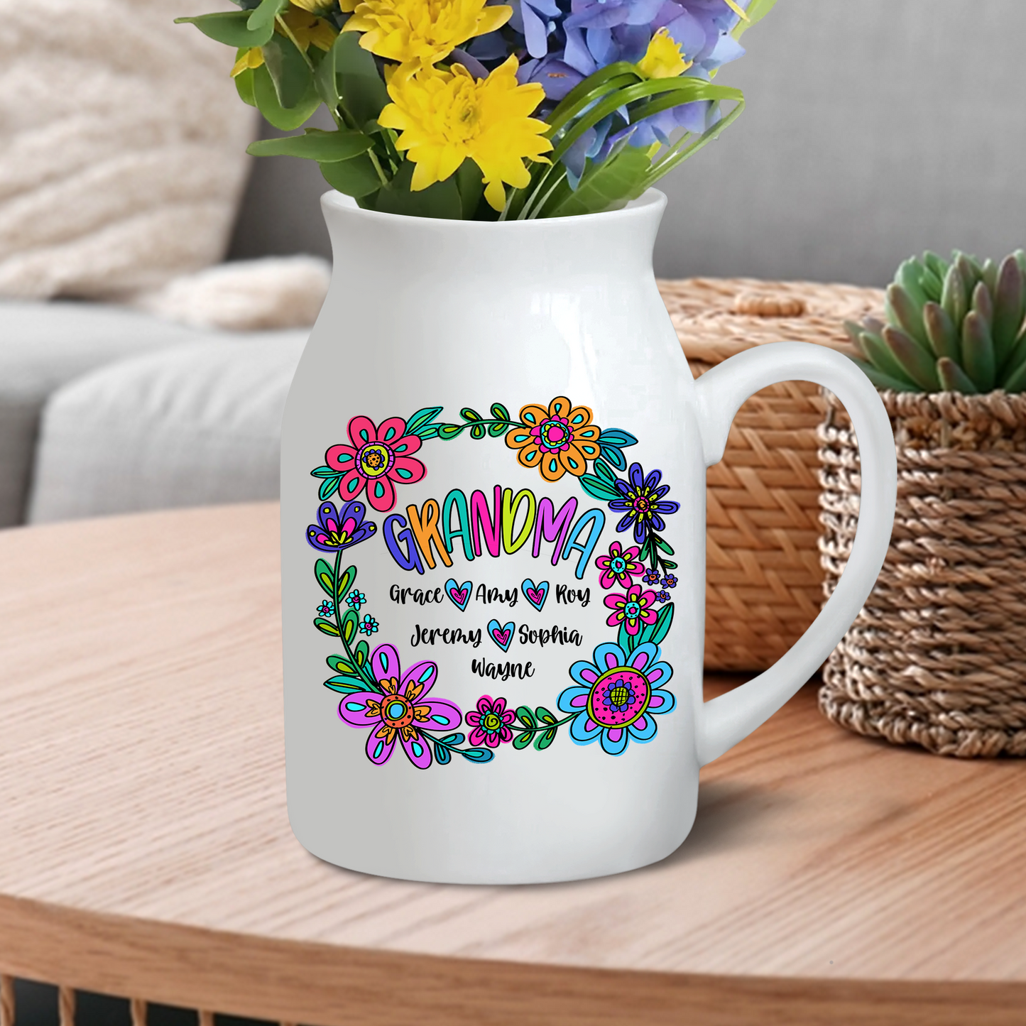 Red And Blue Wildflowers Given To Grandma And Kids - Custom Home Decoration Flower Vase According To Family Requirements - Warm Gift For Mother's Day, Ceramic Flower Vase