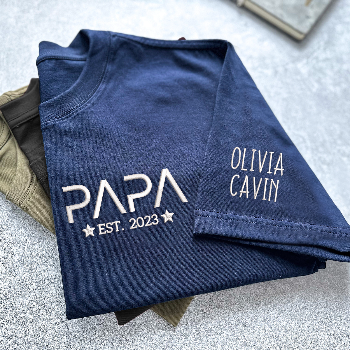 Personalized Papa With Kids Embroidered TH T-Shirt