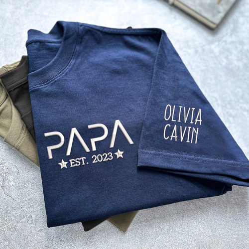 Personalized Papa With Kids Embroidered TH T-Shirt