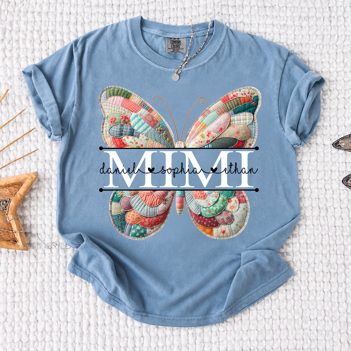 Custom Mimi T Shirt with Butterfly Patchwork Graphic, Personalized Family Names Tee