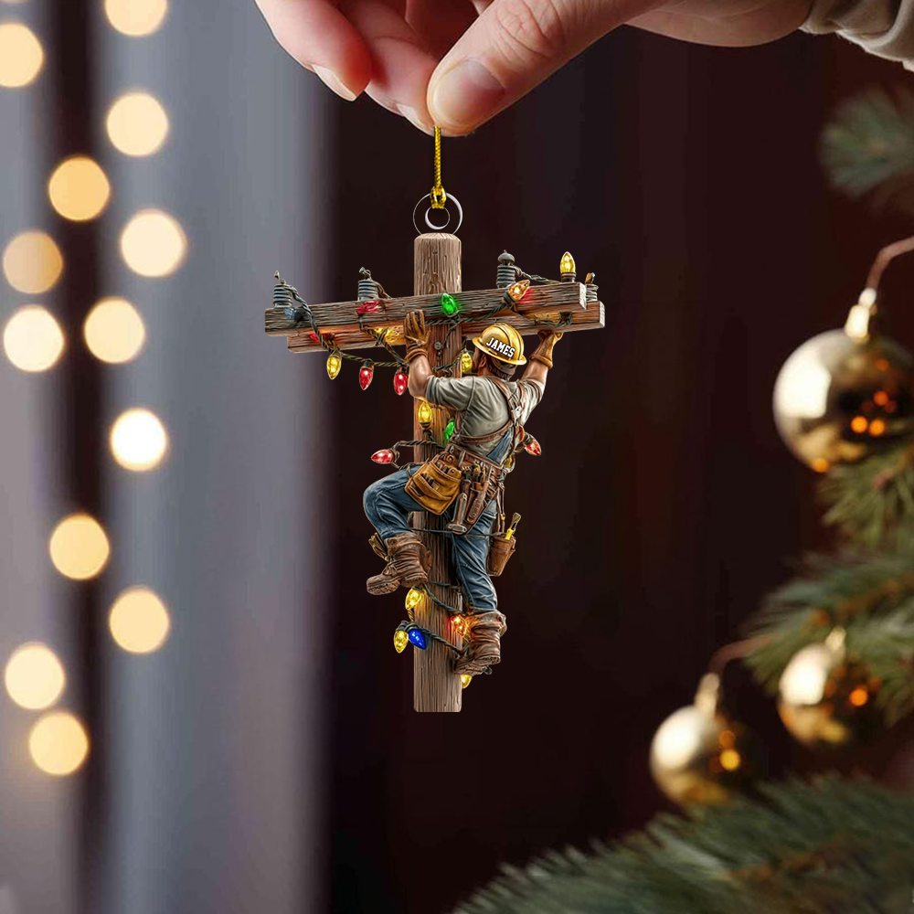Personalized Lineman Ornament 2025 – Custom Name Electrician Climbing Pole Christmas Ornament Gift for Lineman Ornament