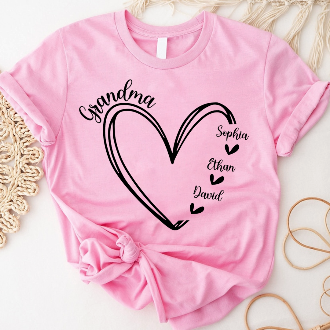 Personalized Grandma Heart Tshirt, Custom Nickname for Grandma and Kids