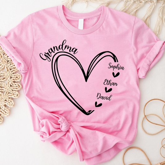 Personalized Grandma Heart Tshirt, Custom Nickname for Grandma and Kids