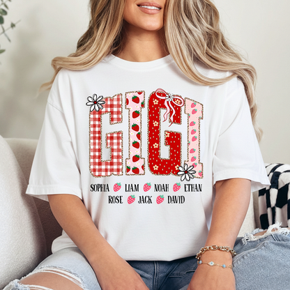Gigi Personalized Grandma T-Shirt With Strawberry And Flower Motifs, Bearing Her Grandchildren's Names