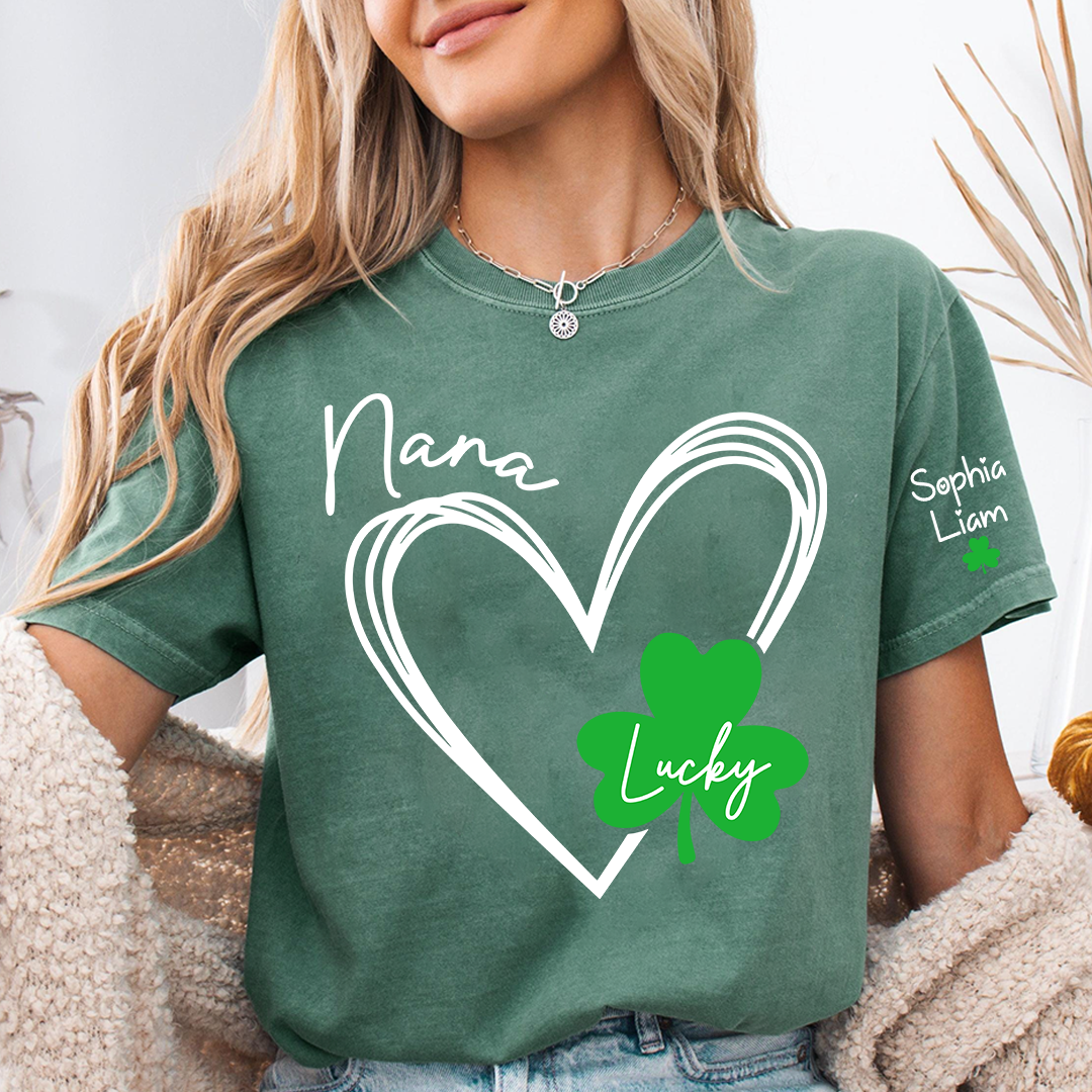 Nana Lucky Shamrock Heart T Shirt Personalized with Kids Names, Custom Grandma Shirt for St Patrick’s Day Celebration, Family Matching Green Clover Top
