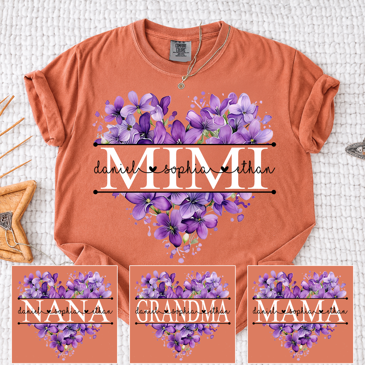 Comfort Colors Purple Floral Heart Mimi Shirt, Personalized Family Names and Violet Flower Design T Shirt