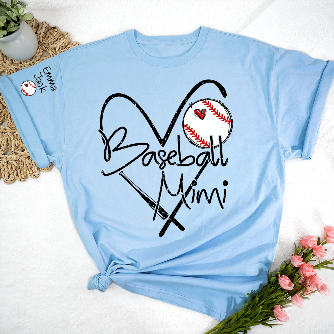 Baseball Mimi Shirt Personalized with Grandkids Names, Heart and Bat Sports Family T Shirt