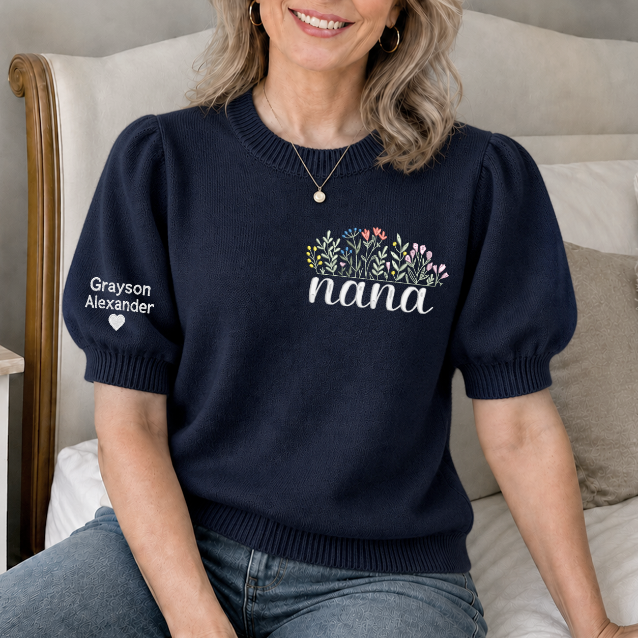 Embroidered Nana Wildflower Knit Sweater, Personalized Puff Sleeve Crewneck, Custom Sleeve Personalization, Nana Gift