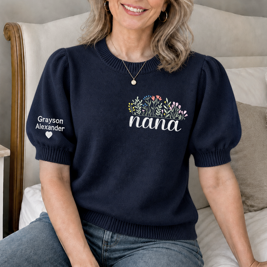 Embroidered Nana Wildflower Knit Sweater, Personalized Puff Sleeve Crewneck, Custom Sleeve Personalization, Nana Gift
