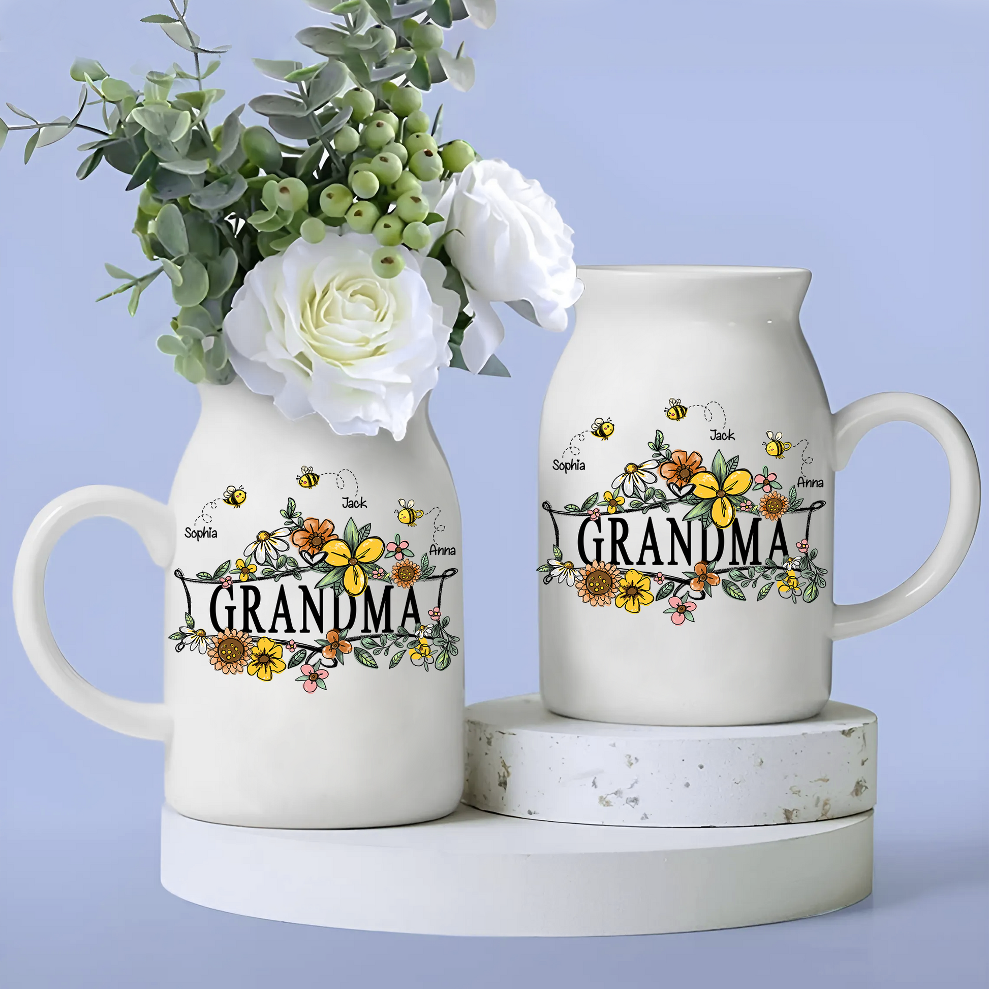 Flowers Bee Grandma And Kids - Custom Home Decoration Flower Vase According To Family Requirements - Warm Gift For Mother's Day, Ceramic Flower Vase