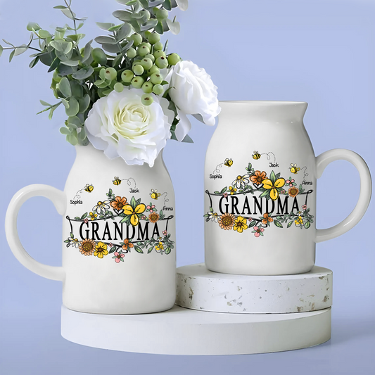 Flowers Bee Grandma And Kids - Custom Home Decoration Flower Vase According To Family Requirements - Warm Gift For Mother's Day, Ceramic Flower Vase