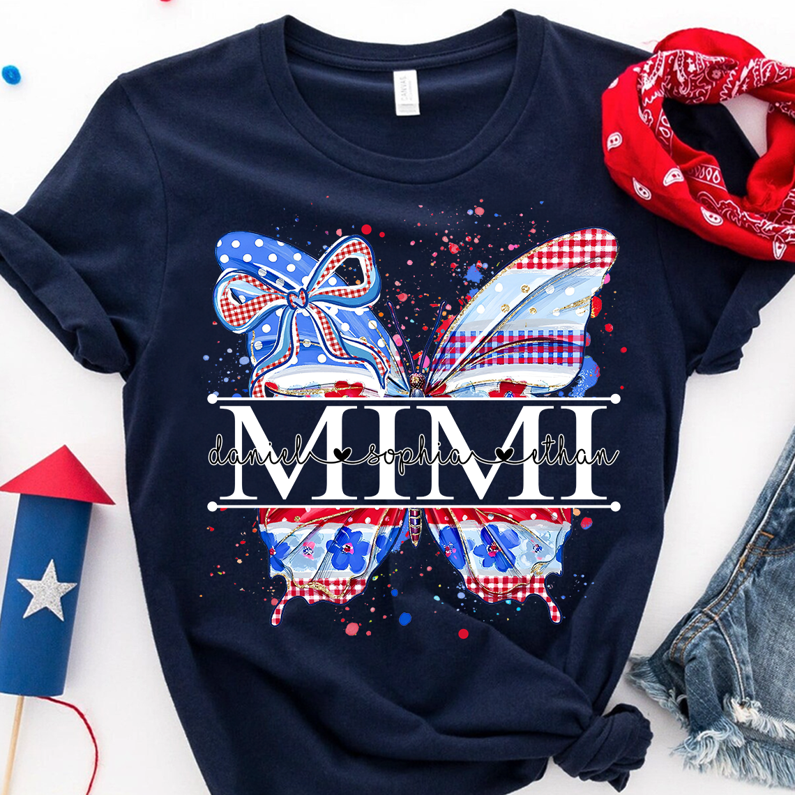 Custom Patriotic Butterfly Mimi T-Shirt, Personalized Grandma Shirt with Red White Blue USA Design