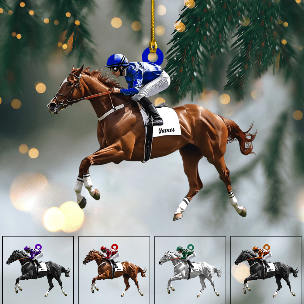 Personalized Horse Racing Ornament – Custom Name Jockey Riding Horse Christmas Decoration, Gift for Equestrian & Race Fans Ornament