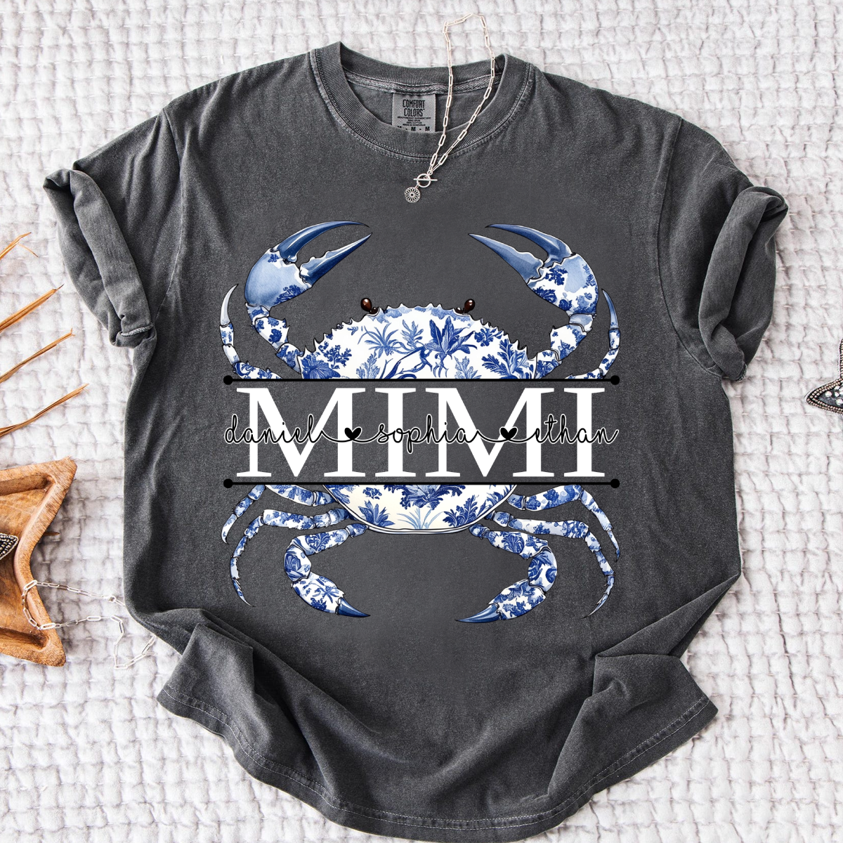 Comfort Colors® Personalized Mimi Shirt, Blue Ocean Crab Graphic Tee, Custom Grandkids Names T Shirt, Cute Coastal Family Gift