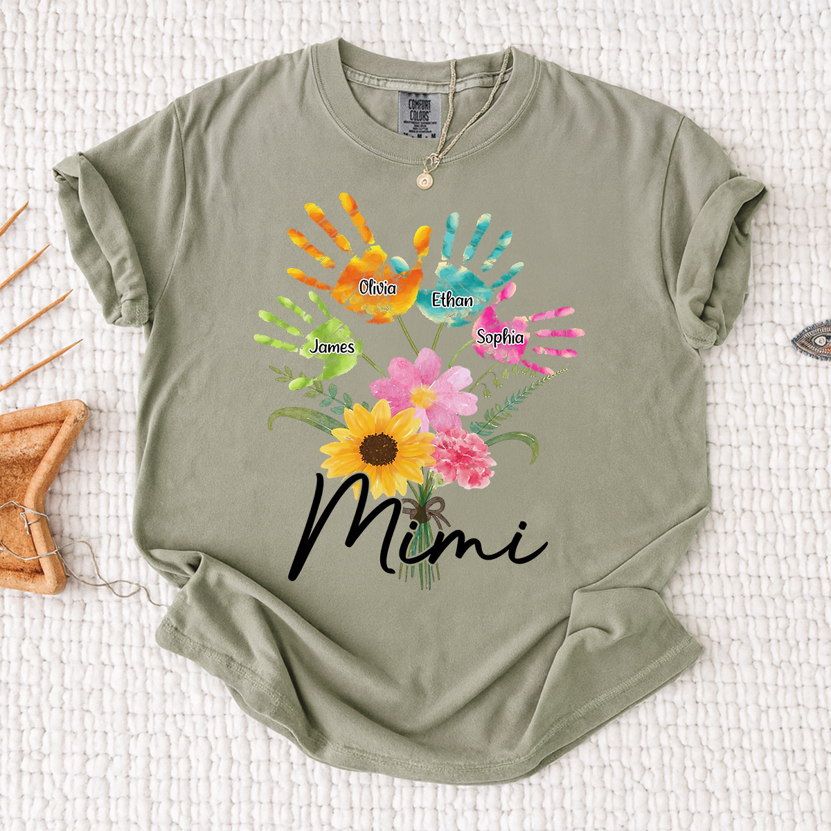 Custom Mimi Shirt, Personalized Handprints and Flowers with Family Names, Idea Gift for Mimi
