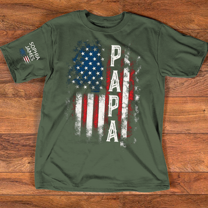 Custom Papa Shirt, 4th of July American Flag Design, Personalized with Family Names, Patriotic Gift Tee