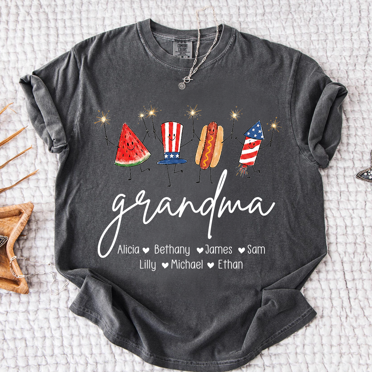 Comfort Colors® Personalized Grandma 4th of July Shirt with Grandkids Names, Patriotic Firecracker Family Tee, Custom Independence Day Grandma Gift