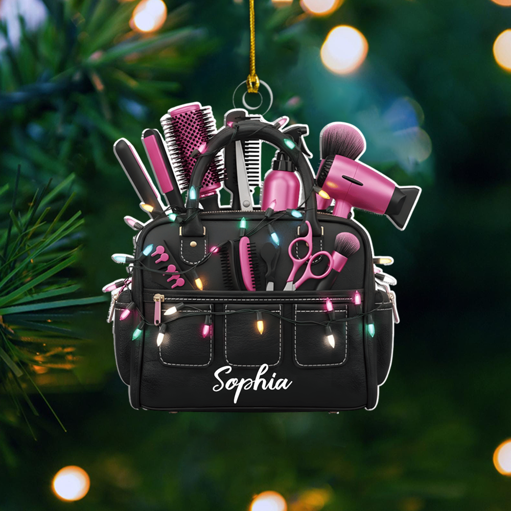 Personalized Hair Stylist Ornament – Custom Name Hair Tools Bag Christmas Decoration for Stylists Ornament