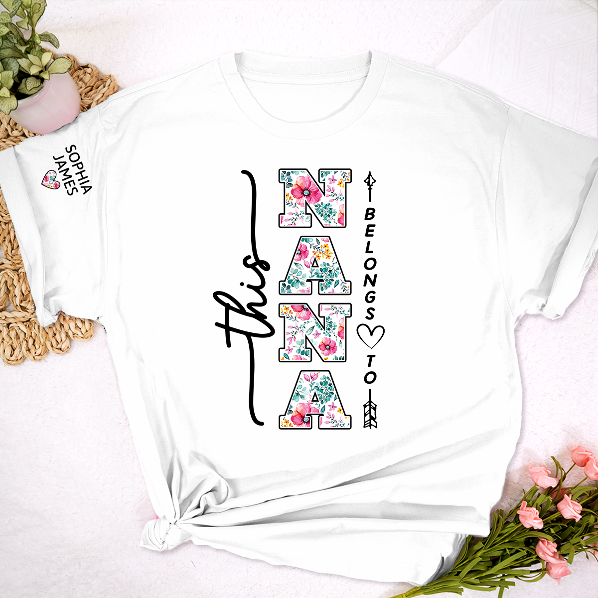 Custom This Nana Belongs To T-Shirt, Floral Nana Shirt with Grandchildren Names, Family Gift Idea