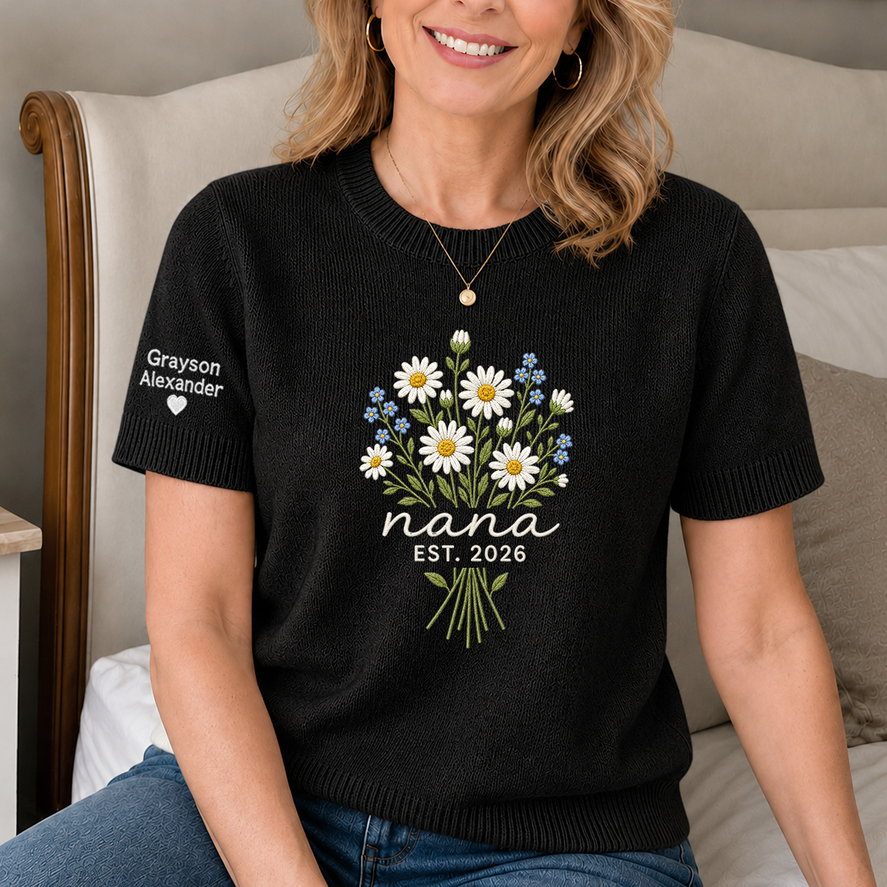 Custom Embroidered Knit Nana Sweater – Personalized Floral EST. 2026 Crewneck with Sleeve Name