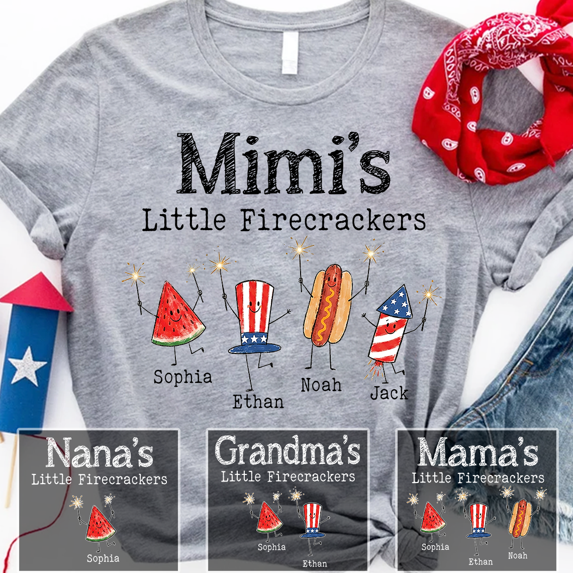 Personalized Mimi's Little Firecrackers Shirt, Custom Grandma Tee with Grandkids Names, Patriotic 4th of July Family Shirt for Mimi