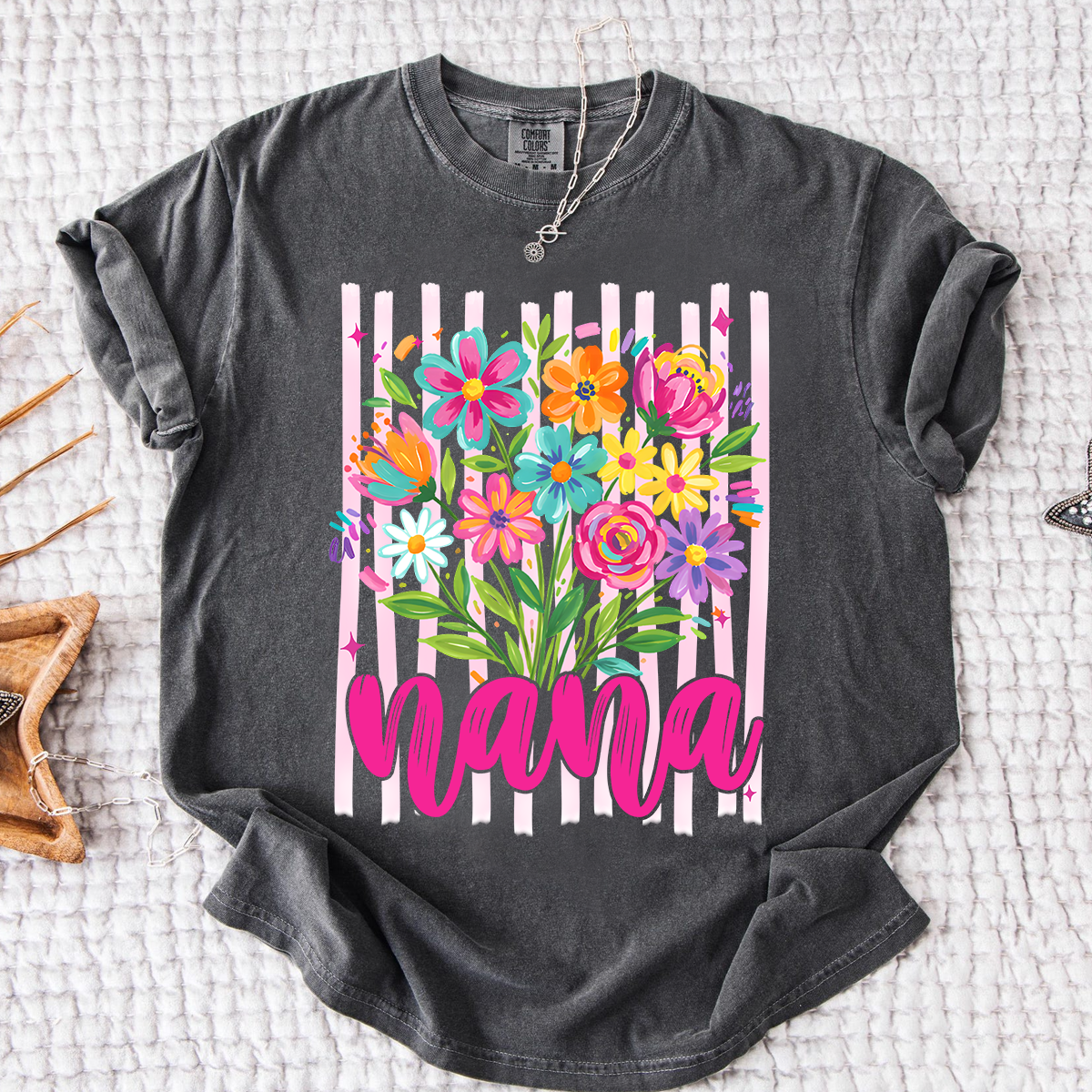 Comfort Colors® Custom Striped Wildflowers Nana Shirt, Trendy Ditsy Floral Gift for Grandma And Kids