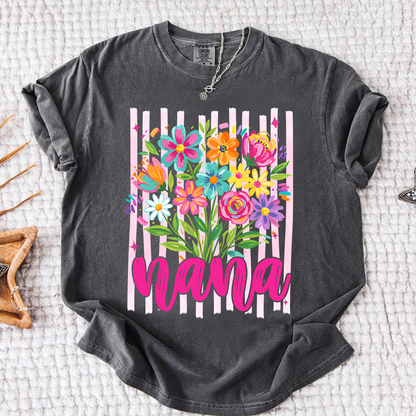 Comfort Colors® Custom Striped Wildflowers Nana Shirt, Trendy Ditsy Floral Gift for Grandma And Kids