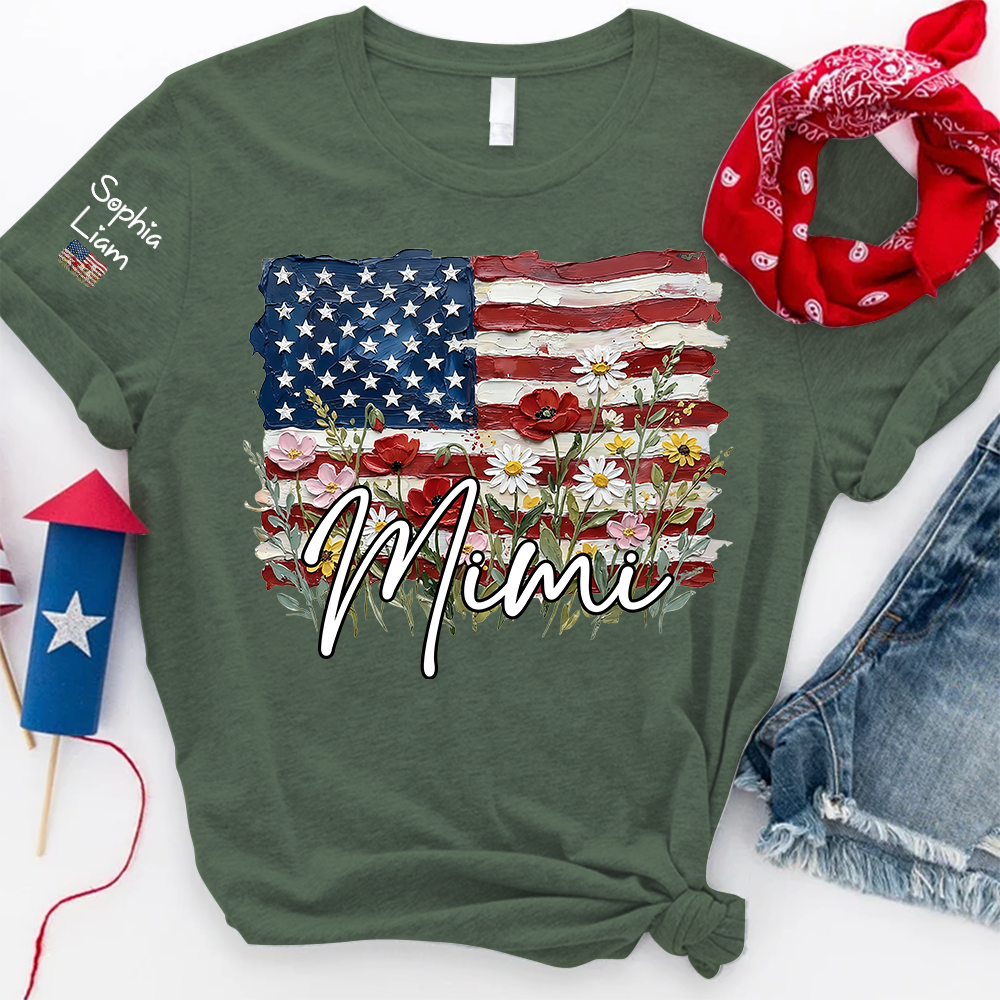 Personalized Mimi Shirt with American Flag Floral Design, Custom Grandma Name Tee, Family Gift Shirt