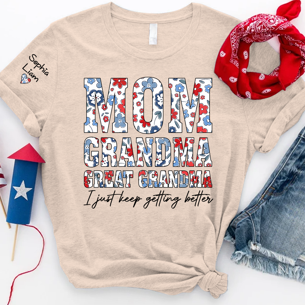 Mom Grandma Great Grandma Shirt, Patriotic Floral Tee with Custom Names, Gift for Mom Grandma Great Grandma Family Shirt