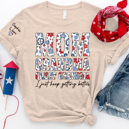 Mom Grandma Great Grandma Shirt, Patriotic Floral Tee with Custom Names, Gift for Mom Grandma Great Grandma Family Shirt