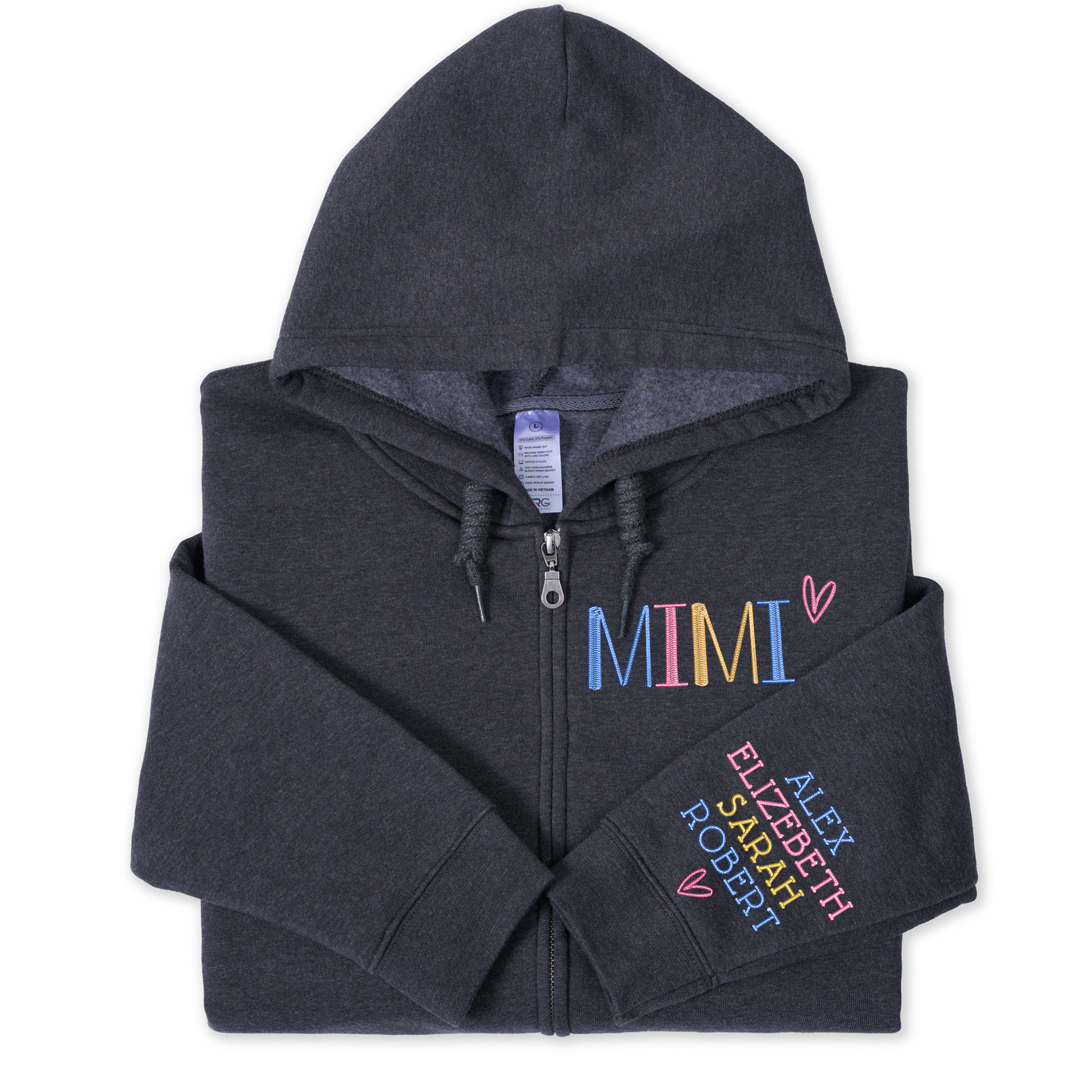 Personalized Embroidered Zip Hoodie for Grandma Mimi, Custom Name & Kids Names Sleeve Stitching, Cozy Full Zip Hooded Sweatshirt Gift for Family