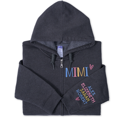 Personalized Embroidered Zip Hoodie for Grandma Mimi, Custom Name & Kids Names Sleeve Stitching, Cozy Full Zip Hooded Sweatshirt Gift for Family