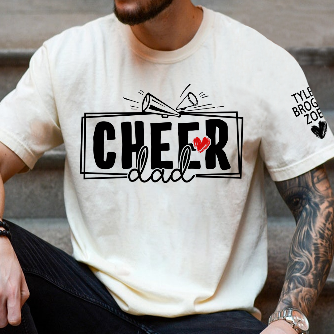 Cheer Papa T-Shirt, Customize With Names On Sleeve, Gift for Cheer Dad