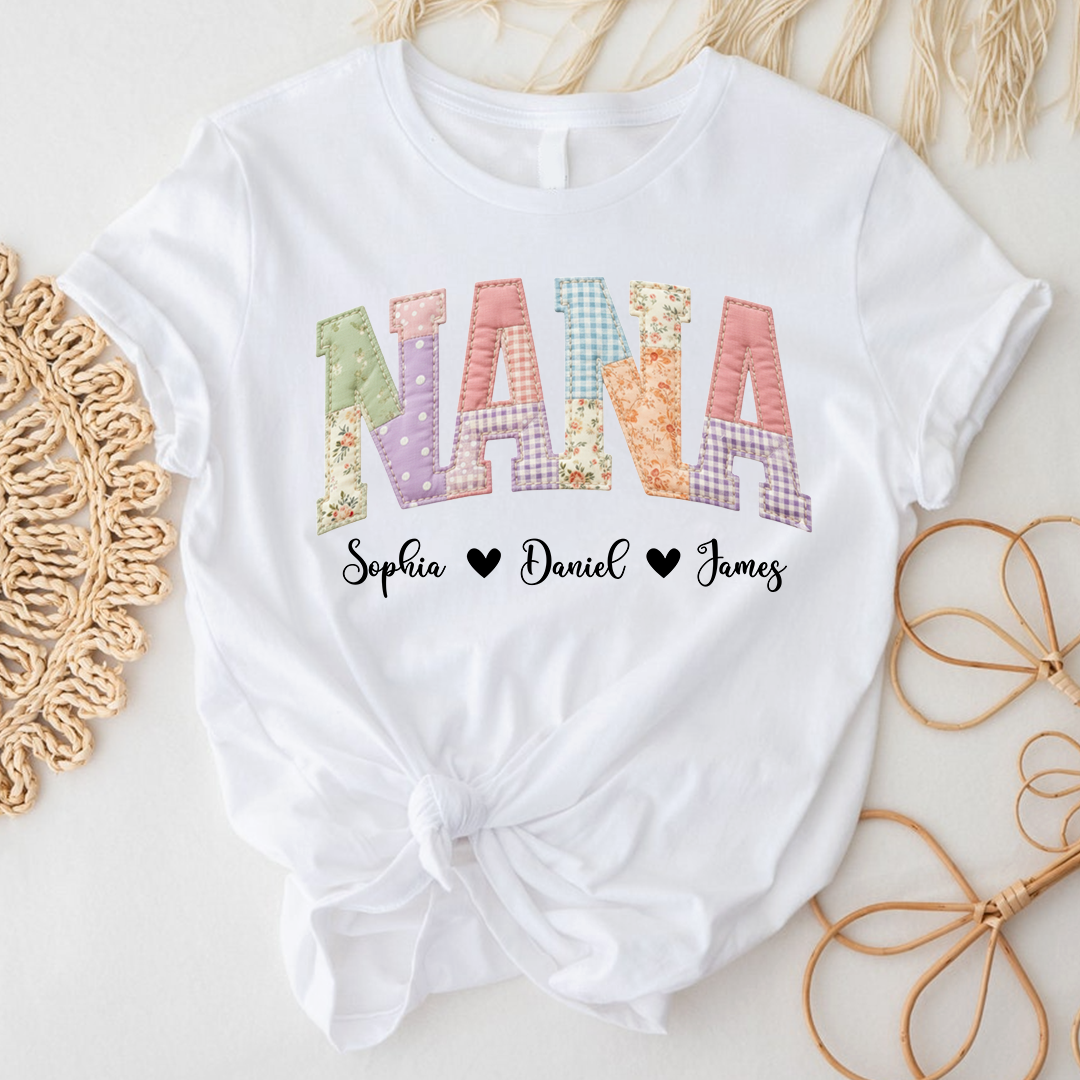 Personalized NANA Shirt – Cute Patchwork Design with Names of Loved Ones, Perfect for Grandmother