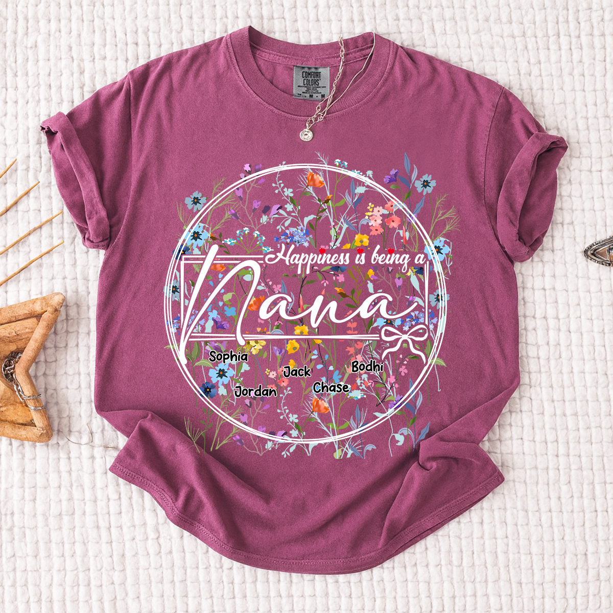 Comfort Colors® Happiness is Being a Nana - Personalized Floral Shirt with Kids’ Names, Ideal Gift for Nana