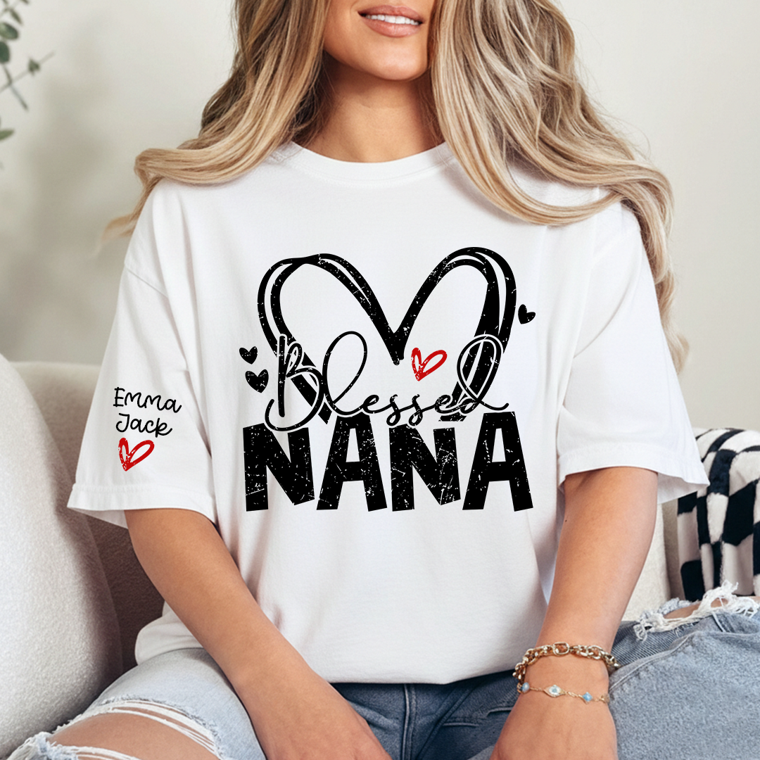 Blessed Nana Shirt, Personalized Family T Shirt with Custom Grandkids Names and Heart Design
