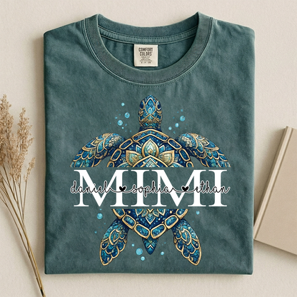 Comfort Colors Mimi Sea Turtle Shirt, Personalized Grandma Shirt with Grandchildren Names, Coastal Summer Gift for Mimi Nana