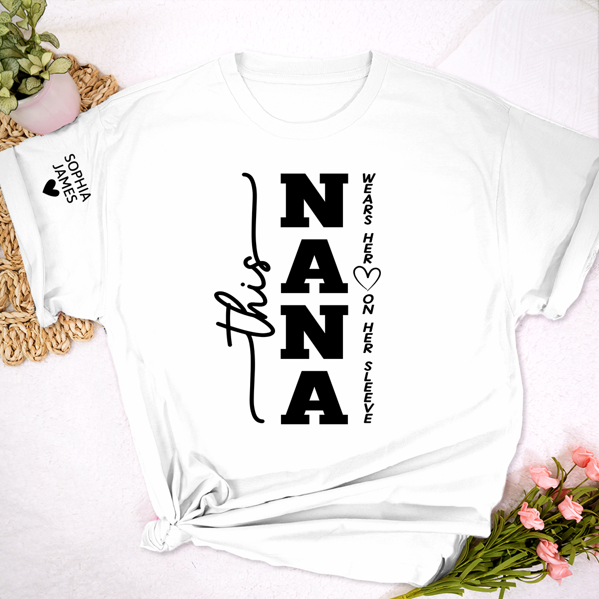 This Nana Wears Her Heart on Her Sleeve Shirt, Personalized Nana T Shirt with Grandkids Names, Family Love Apparel
