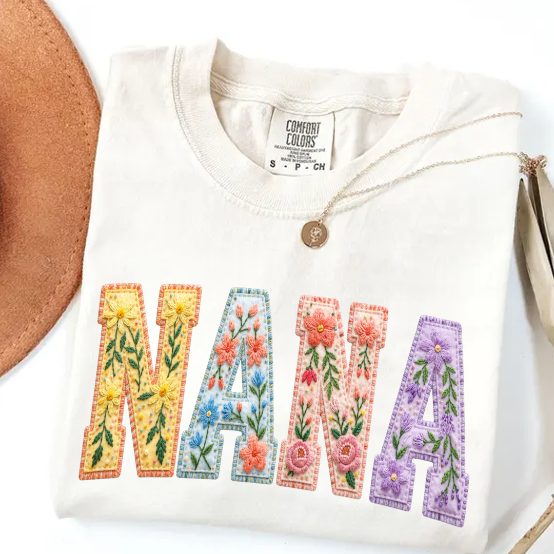 Personalized Nana Shirt Floral Embroidery Design Custom Grandma Mimi Gigi Name Tee with Grandkids Names Vibrant Flower Pattern Family Gift for Women