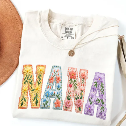 Personalized Nana Shirt Floral Embroidery Design Custom Grandma Mimi Gigi Name Tee with Grandkids Names Vibrant Flower Pattern Family Gift for Women