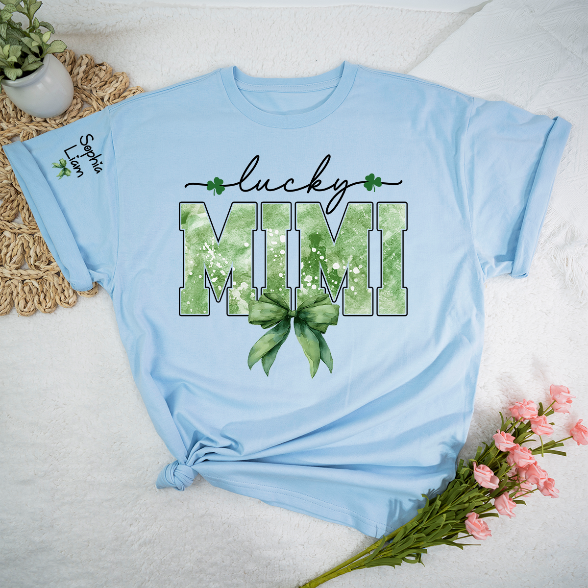 Lucky Mimi Shirt for St Patrick’s Day, Custom Name Grandma T Shirt with Shamrocks, Personalized Mimi Family Shirt