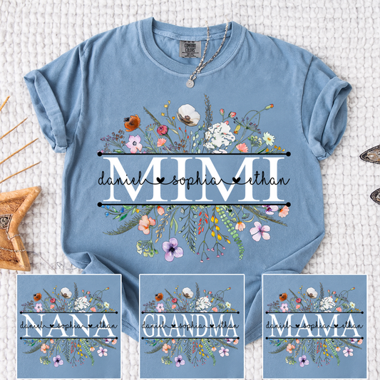 Comfort Colors Personalized Grandma Monogram Shirt, Custom Family Names Floral T-Shirt
