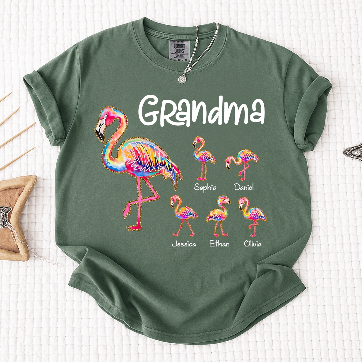 Comfort Colors Custom Grandma Flamingo Tee with Kids Names, Personalized Tropical Bird Shirt for Women, Summer Vacation Family Gift