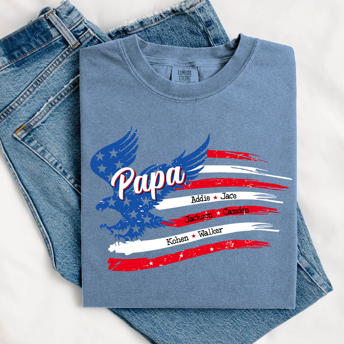 Comfort Colors® Personalized Papa Shirt, Eagle with Grandkids name Hands Flag T-Shirt, Custom Shirt for Fathers Day